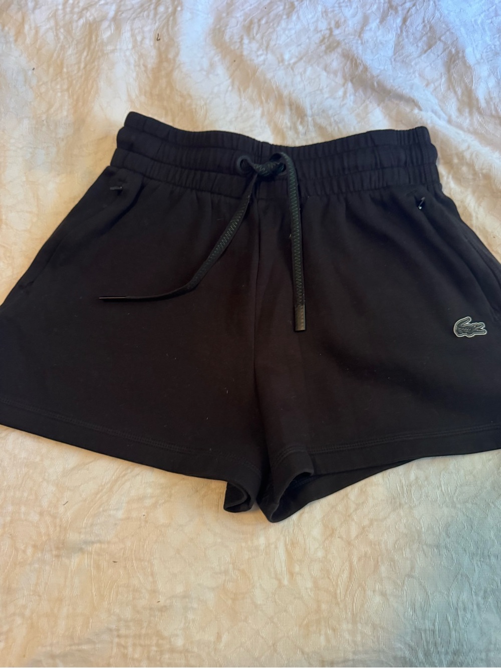 Lacoste Shorts Womens 34 XS Black Drawstring Zip Pockets Crocodile Logo Athletic